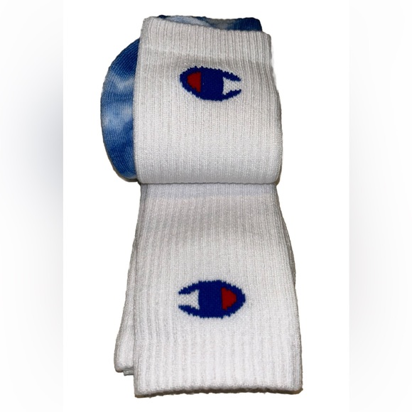 Champion Crew Sock 3 Pair Men’s 6-12 Blue White Tie Dye w Logos Cushioned NEW$17 - Picture 7 of 12